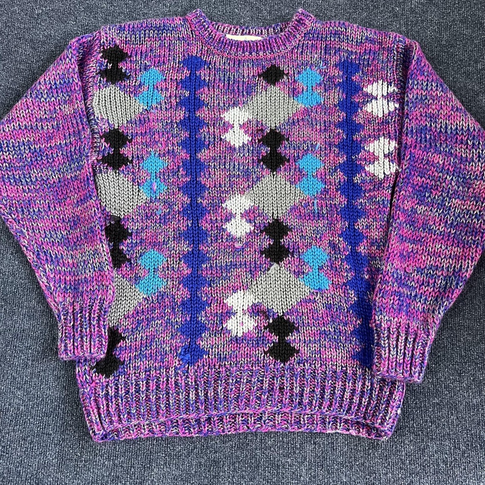 Vintage Tomato Sweater‎ Mens Medium Multicolor Argyle Crewneck 80s Knit Bold